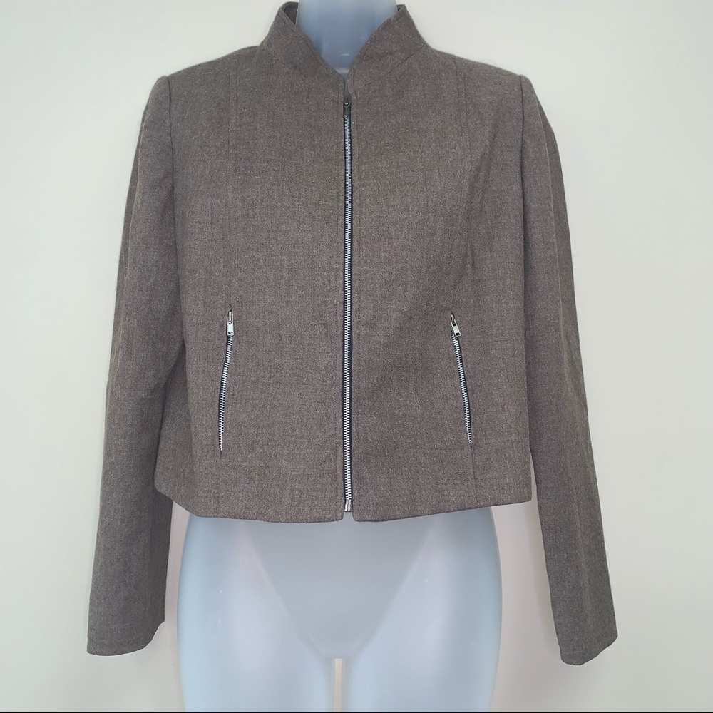 Oatmeal Tweed Cropped Mock Neck Jacket Tan/Brown